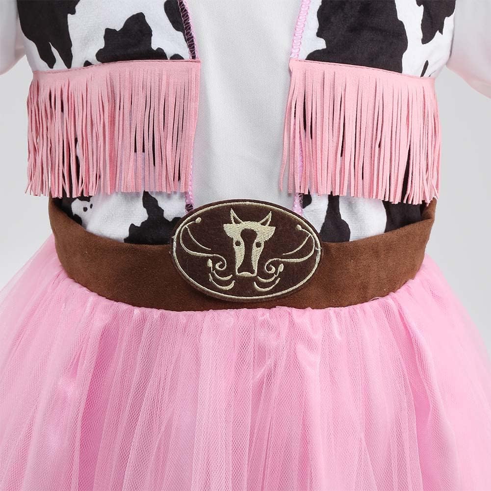 HAPNBCELE Pink Cowgirl Costume for Girls Cow Outfits with Hat Halloween Cosplay (Pink, 11-12 Years)