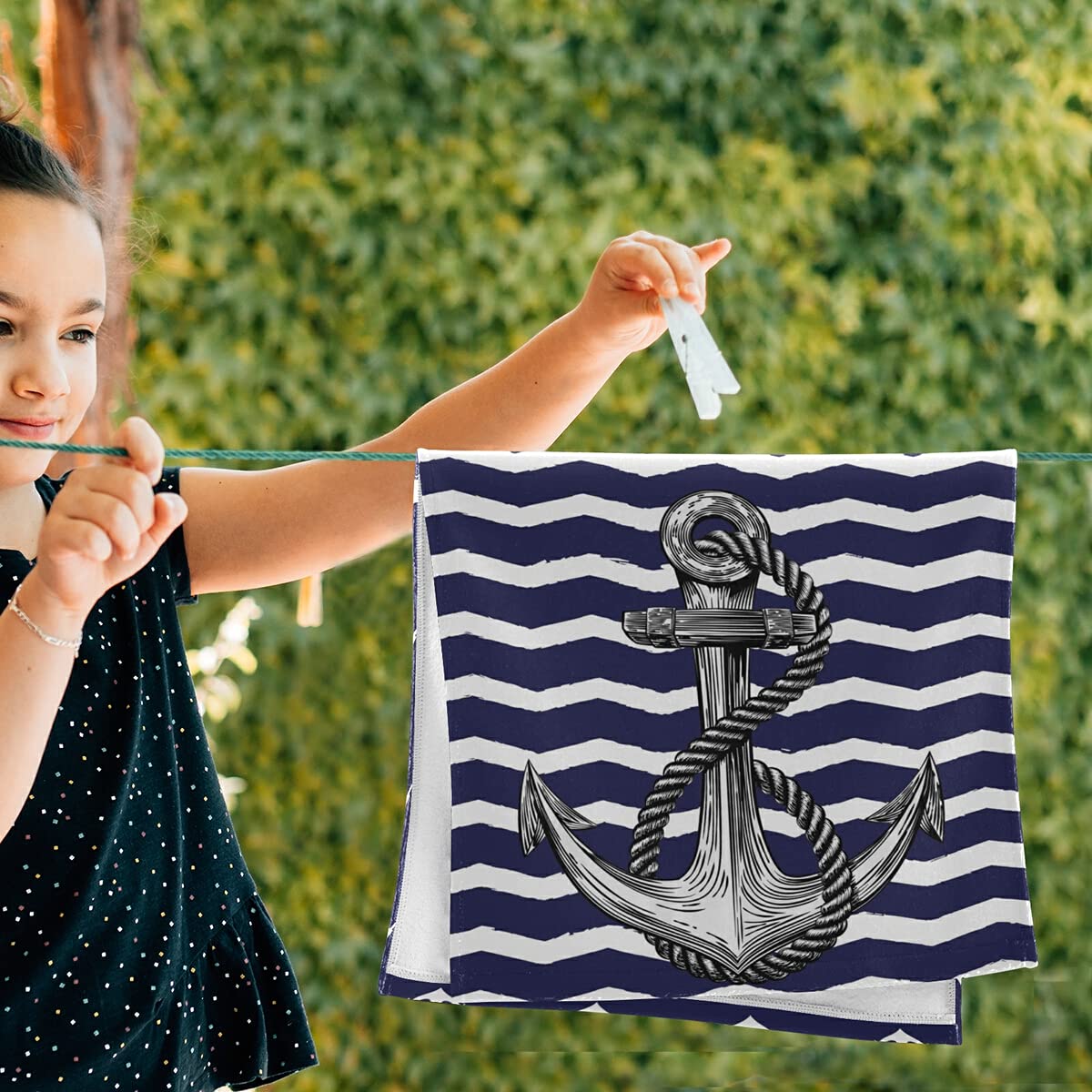 Anchor Bath Hand Towel 2 Pcs Absorbent Nautical White Stripe Hand Towels Sea Anchors Navy Blue Face Towel Soft Breathable Anchor Fingertip Towel for Bathroom Kitchen Hotel Spa Decor Gift 28.3x14.4in