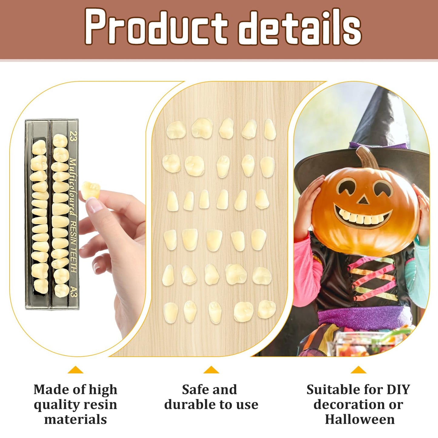 56 Pcs False Teeth Dental Complete Acrylic Resin Denture Teeth, 2 Set Whole Teeth Synthetic Polymer Denture Tooth, 23 Shade A3 Upper + Lower Dental Materials for Replacement, DIY, or Halloween