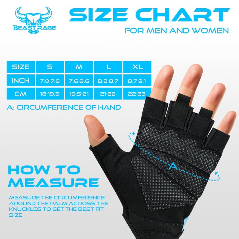 BEAST RAGE Workout Gloves, Men & Women Fingerless Weight Lifting Gym Gloves with Palm Protection, Breathable, Lightweight, Cycling Pull Up (Aqua, S)