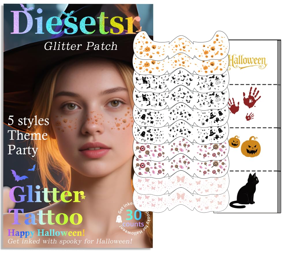 Halloween Face Glitter Freckles Tattoo,Temporary Tattoos Makeup Patches, Body Glitter Fake Freckles Stickers for Kid Halloween Decor,Theme Party,Bats Witch Pumpkin Rave Accessories,30 PCS