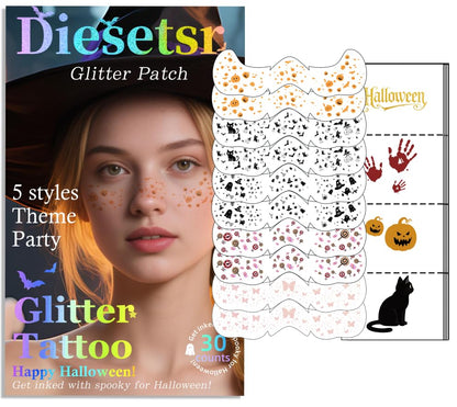 Halloween Face Glitter Freckles Tattoo,Temporary Tattoos Makeup Patches, Body Glitter Fake Freckles Stickers for Kid Halloween Decor,Theme Party,Bats Witch Pumpkin Rave Accessories,30 PCS