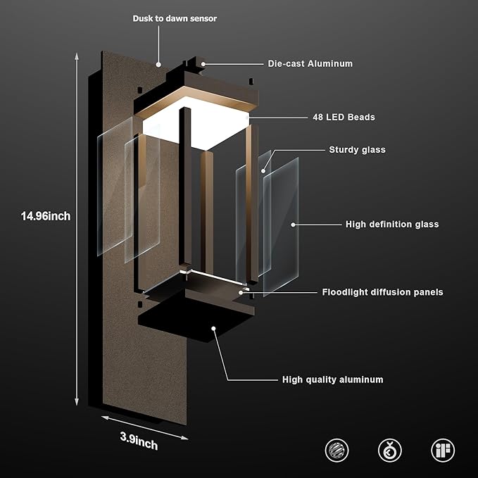 Outdoor Dusk to Dawn Exterior Light Fixture Wall Sconce Modern Style 800LM 13W Waterproof Rustproof Aluminum Glass Shade Porch Lantern Garage Garden Patio Matte Black Lamp