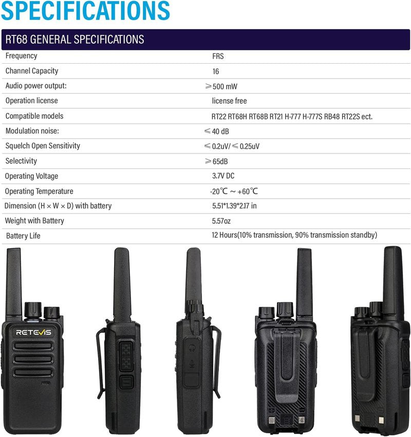 Retevis RT68 Walkie Talkies - Rechargeable Two-Way Radios 6 Pack | Heavy Duty, Long Range, Hands-Free for Adults