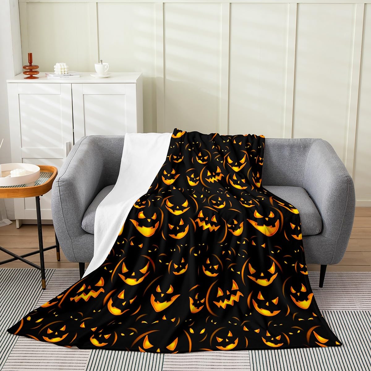 Pumpkin Lantern Flannel Fleece Throw Blanket Queen 90"x90" Halloween All Season Bed Blanket for Sofa Couch Pumpkin Lantern Fuzzy Blanket Utra Soft Magic Plush Blanket Yellow