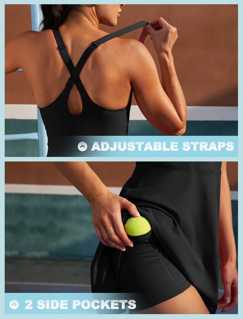 IUGA Womens Tennis Dress with Shorts Underneath Athletic Dress for Women Adjustable Strap Workout Golf Dresses Summer Outfits(Black, Medium)