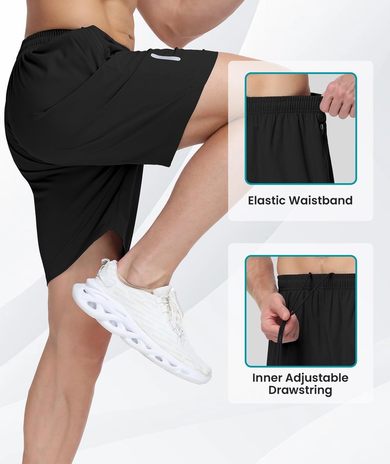 UUMIAER Mens Athletic Gym Shorts 7" Utra-Light Quick Dry Running Workout Basketball Shorts with Zipper Pockets Sports Tennis Black