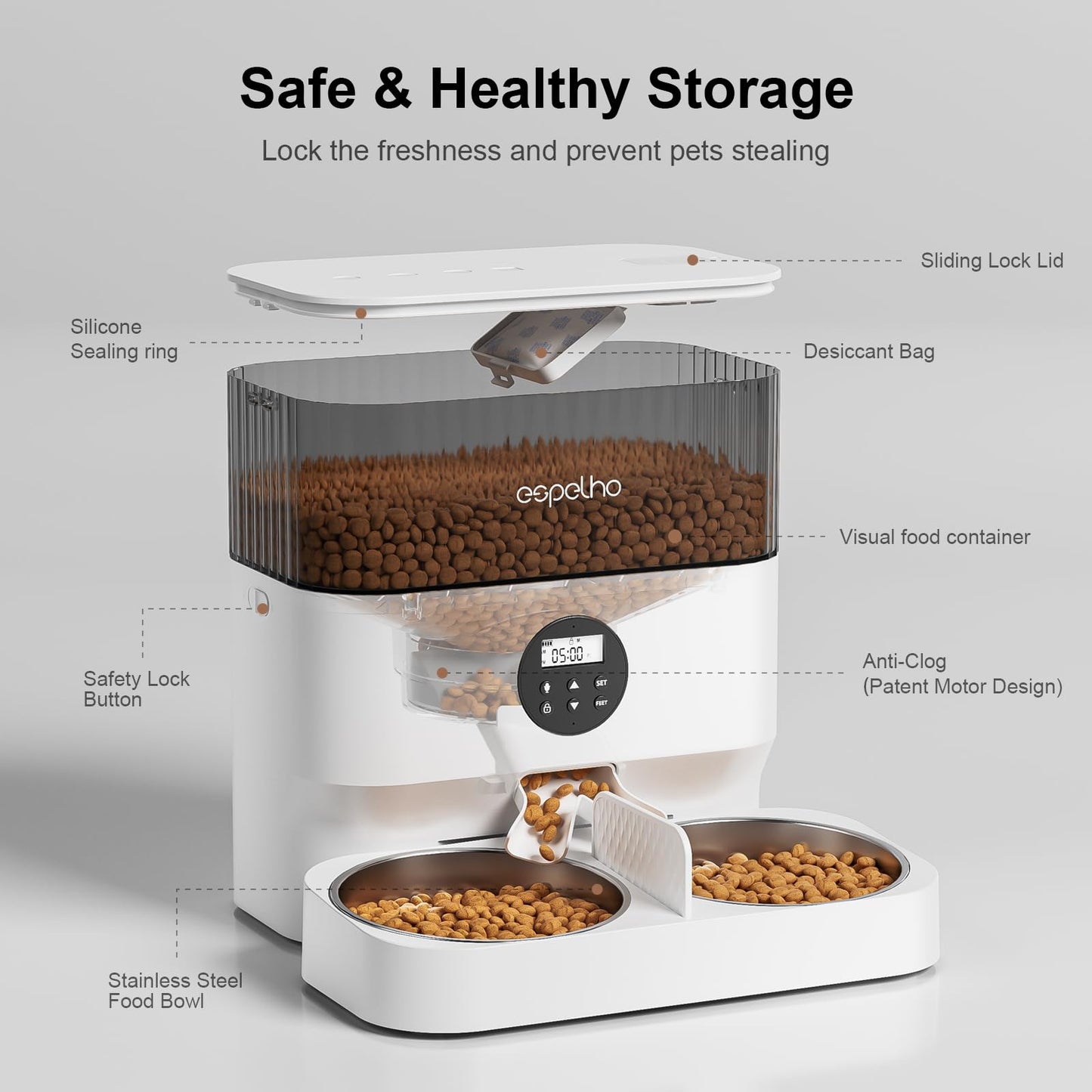 Espelho Automatic Cat Feeders for 2 Cats - 5L Timed Cat Food Dispenser with 2 Stainless Steel Bowls, 10s Meal Call Programmable Portion Control Pet Feeder with Desiccant Bag for Cats & Dogs