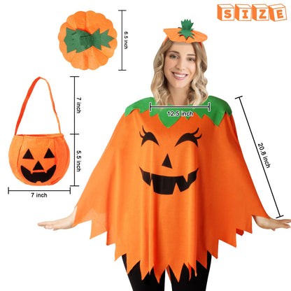 HEYFIZZ 3 PCS Pumpkin Costume for Women,Halloween Pumpkin Poncho for Adults,Halloween Costume for Women with Accessories
