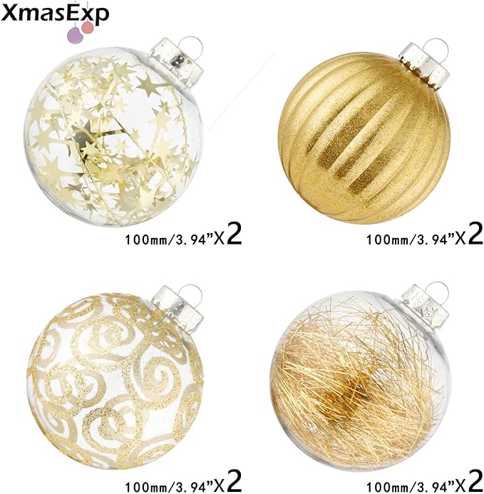 XmasExp 8ct Christmas Ball Ornaments Set -Large Clear Plastic Shatterproof Xmas Tree Ball Hanging Baubles Stuffed Delicate Glittering for Holiday Wedding Xmas Party Decoration (100mm/3.94",Gold)