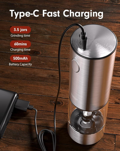 TOMEEM Electric Salt and Pepper Grinder Set, USB Rechargeable Salt and Pepper Grinder Set| Made of Stainless Steel | Adjustable Ceramic Grinder | LED Light