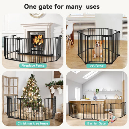 COMOMY 380cm Extra Wide Baby Gate, Dog Gates for Stairs Doorways, Fire Guard Safety Gates for Kids&Pets, Auto Close Baby Fence Barrier Indoor with Door, Hardware Mounted, 6-Panels (76cm Tall, Black)