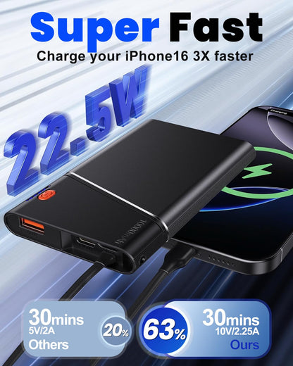 Portable Charger Power Bank, 10000mAh 22.5W PD Super Fast Charging Powerbank with Built-in USB C in&Out Cable, Slim External Phone Battery Pack for iPhone 17/16/15 iPad Samsung S24 Android etc