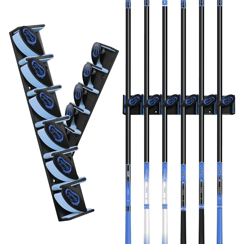 Tcakelox Vertical Fishing Rod Holder, Wall Mounted Fishing Rod Holder, Fishing Pole Rack Holds Up to 6 Rods or Combos, Fishing Rod Holders for Garage, Fits Most Rods of Diameter 3-19mm (1, Blue)