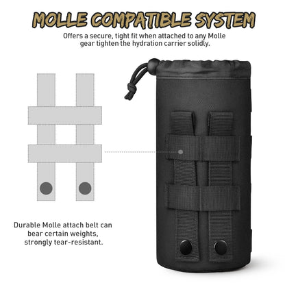 Gonex Tactical Military MOLLE Water Bottle Pouch, Drawstring Open Top & Mesh Bottom Travel Water Bottle Bag Tactical Hydration Carrier Black