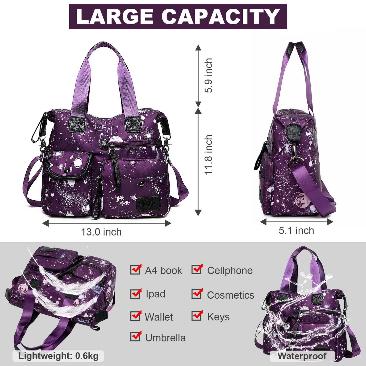 Women's Tote Bag with Multiple Pockets & Zipper,Nurse Bags for Work Nursing Bag,Nylon Tote Handbag for Women,Large Shoulder Handbag Purse,Waterproof Galaxy Cross body Bag for Travel (Purple)