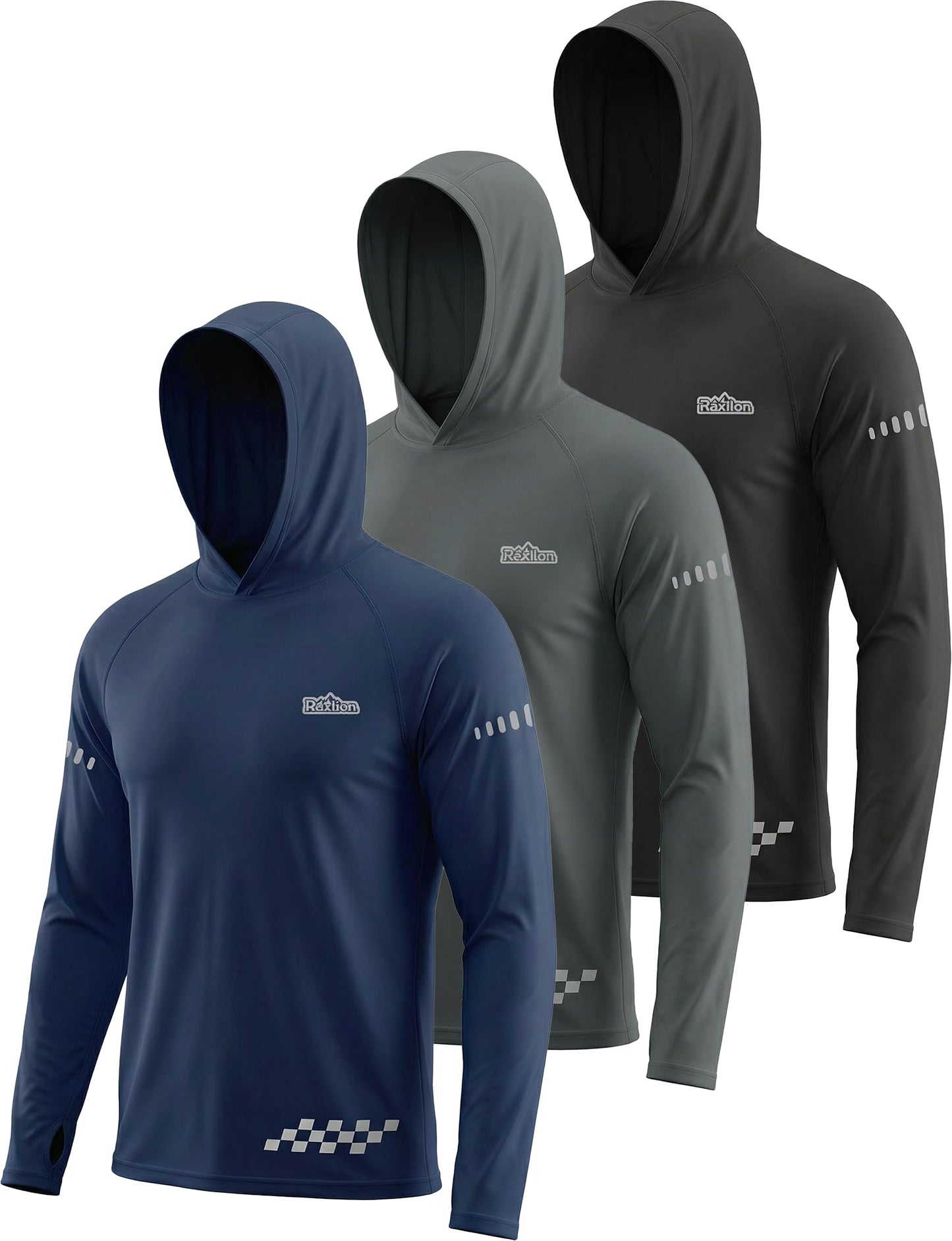 Raxilon 3 Pack UPF 50+ Sun Protection Mens Hoodie Long Sleeve SPF Fishing Shirt Swim Rash Guard Athletic Workout Tops