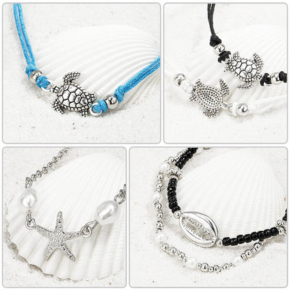 Suyi Beach Turtle Anklet Boho Handmade Adjustable Anklet Layered Rope Anklet Foot Chain for Women Set 6