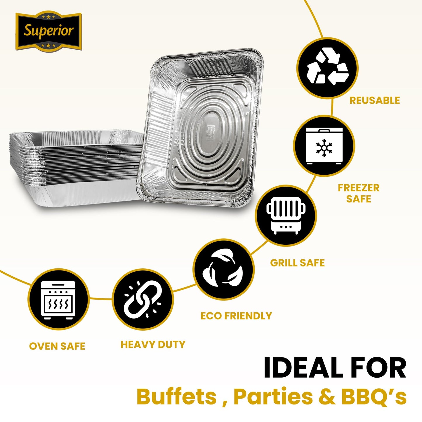 Superior Large Foil Aluminium Trays Pack of 10 – Heavy-Duty Deep Tin Foil Trays 32 x 26 cm Ideal for Cooking Baking Roasting BBQ Meal Prep Storage Tray – Foil Containers for Christmas Parties