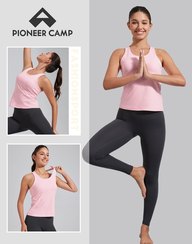 Pioneer Camp Workout Tank Tops for Women with Built in Bra, Sleeveless Gym Tops Seamless Racerback Athletic Yoga Shirts, Pink, L