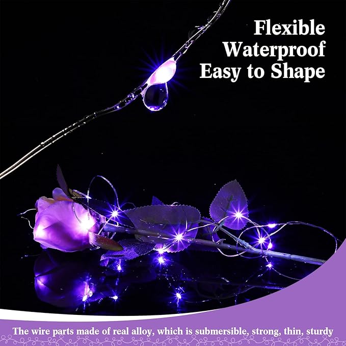 Hortsun 100 Packs Fairy Lights Battery Operated 3 Speed Modes, 7 Ft/ 2 M 20 LED Battery String Mini Waterproof Wire Twinkle Lights Bulk for Wedding Party Birthday Vases (Purple Light)