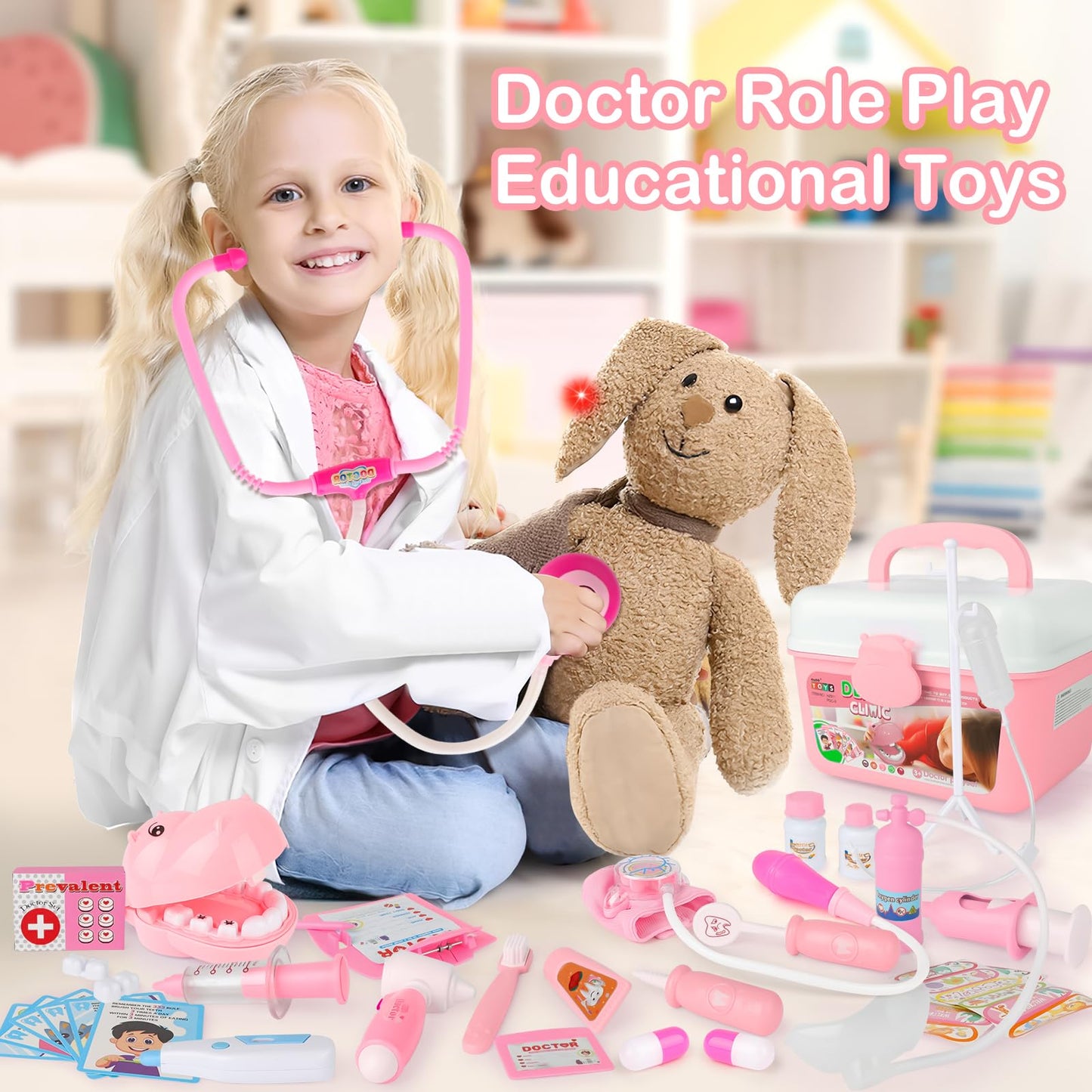 Doctors Set for Kids, 34-Piece Dentist Toys for Boys and Girls, Role Play Toys for 3+ Year Old with Carry Case, Stethoscope for Toddle, Dentist Tools, (include Doctor Costume)