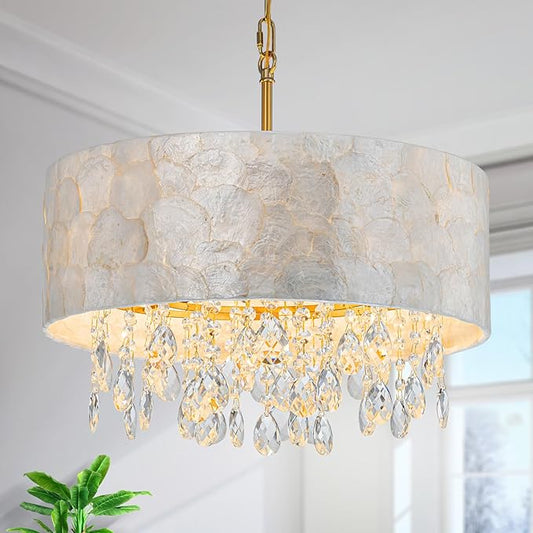 4-Lights Drum Capiz Shell Crystal Chandeliers, Coastal Style Pendant Light Fixture for Dining Room, Living Room, D18 x 21~68"(Adjustable), Shell Lampshade & Gold Finish