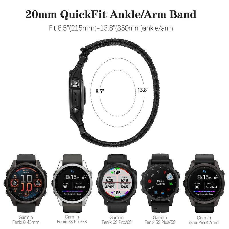 Oanux 20mm QuickFit Sports Ankle/Arm Band Compatible with Garmin Fenix 8 43mm/7S/7S Pro/6S/6S Pro/5S/5S Plus, Soft Nylon Bicep Strap for Epix Pro 42mm/Descent Mk2s/Descent Mk3i 43mm Men and Women