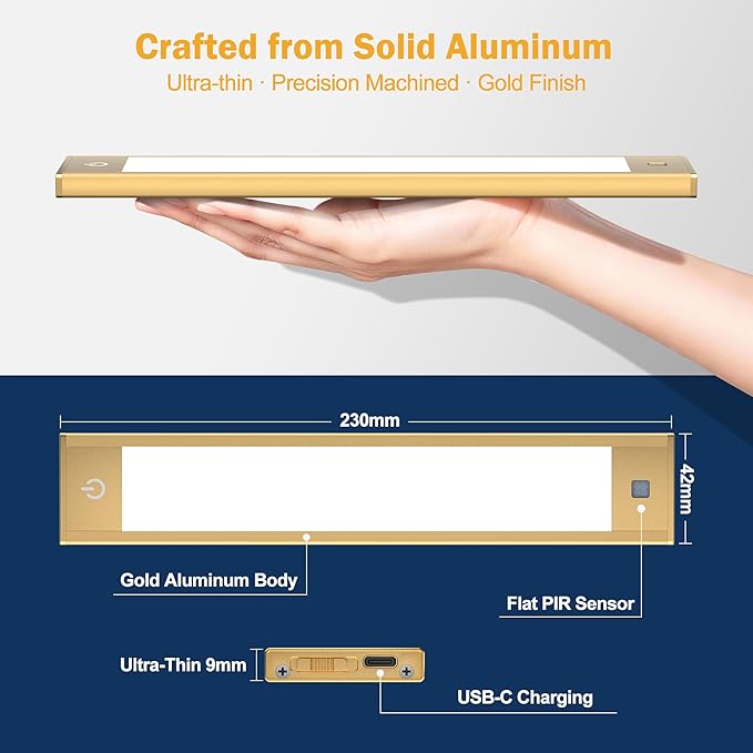 Rechargeable Under Cabinet Lighting, Motion Sensor Wireless Night Light, Dimmable, CCT Adjutable, Magnetic Mount for Kitchen, Closet, Bedroom, Reading, Ambience (Gold, 2 Pack, 9 in)