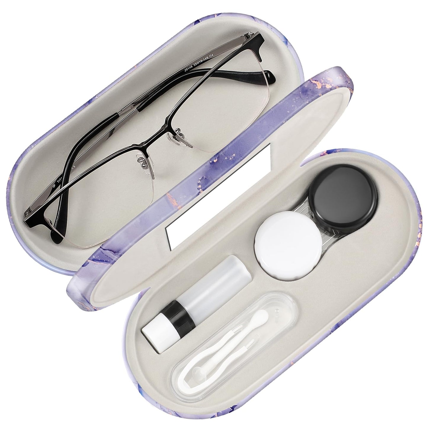 Fintie 2 in 1 Contact Lens Case and Eyeglasses Case, Double Sided Portable Eyeglasses Travel Holder with Built-in Mirror, Tweezer and Contact Lens Solution Bottle Included, Lilac Marble