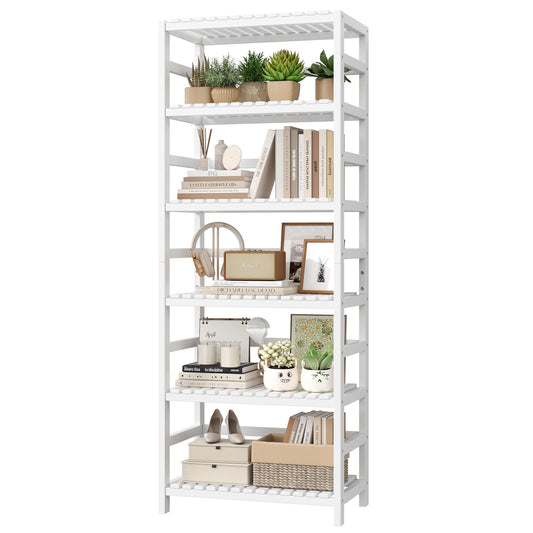FOTOSOK 6-Tier Bamboo Shelf, Bamboo Bookcase with Adjustable Shelves, Free Standing Storage Shelf Unit, Plant Flower Stand for Bathroom, Kitchen, Home Office, White