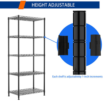 REGILLER 5-Wire Shelving Metal Storage Rack Adjustable Shelves,Standing Storage Shelf Units for Laundry Bathroom Kitchen Pantry Closet(Black,11.8" D x 16.6" W x 53.5" H)