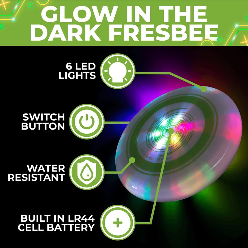 Toysery Light Up Flying Disc - LED Frisbee, Glow in the Dark, Easy to Use, Ideal Camping Game, Fun Outdoor/Indoor Birthday Toys for Boys/Girls/Kids/Adults, 175g
