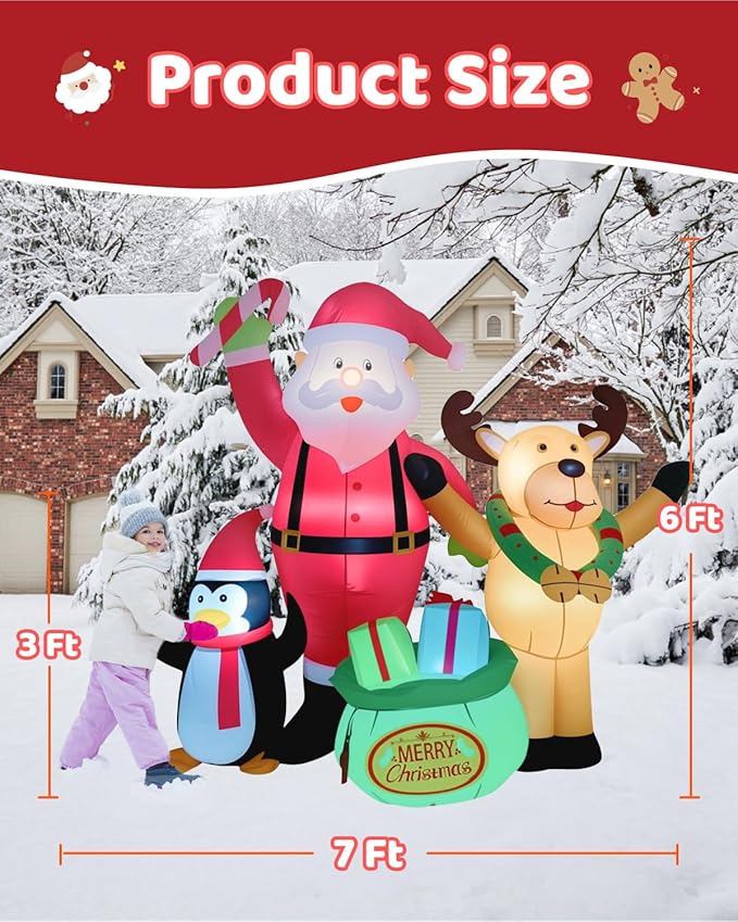 7FT Christmas Inflatables Outdoor Decorations, Blow Up Yard Decorations with Santa Claus Penguins Reindeer and Gift Bag Inflatable with LED Lights for Indoor Outdoor Yard Garden Decor
