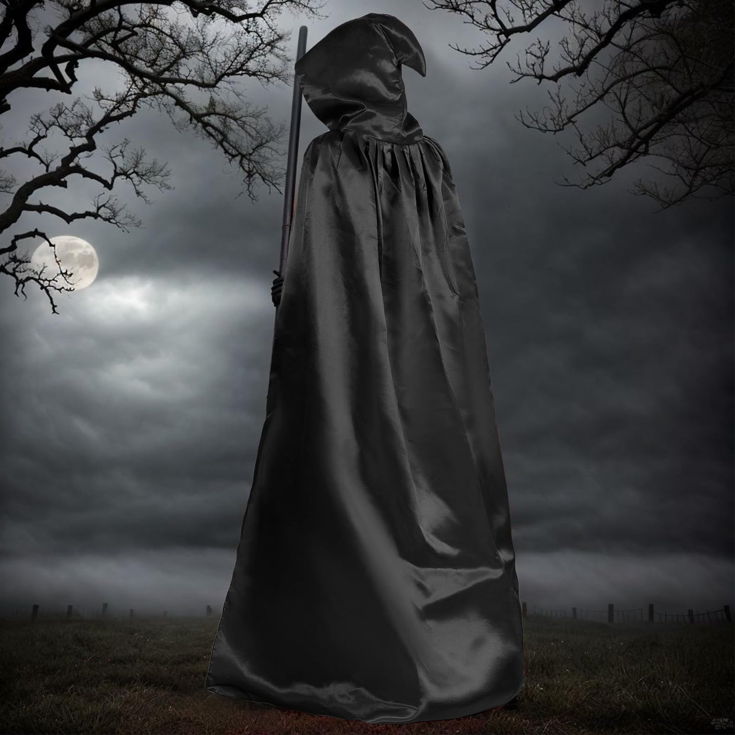 hoyuwak Black Cloak with Hood Halloween Wizard Hooded Cape Full Length Robe for Women Men Role Play Costume Witch Party Dress-Up