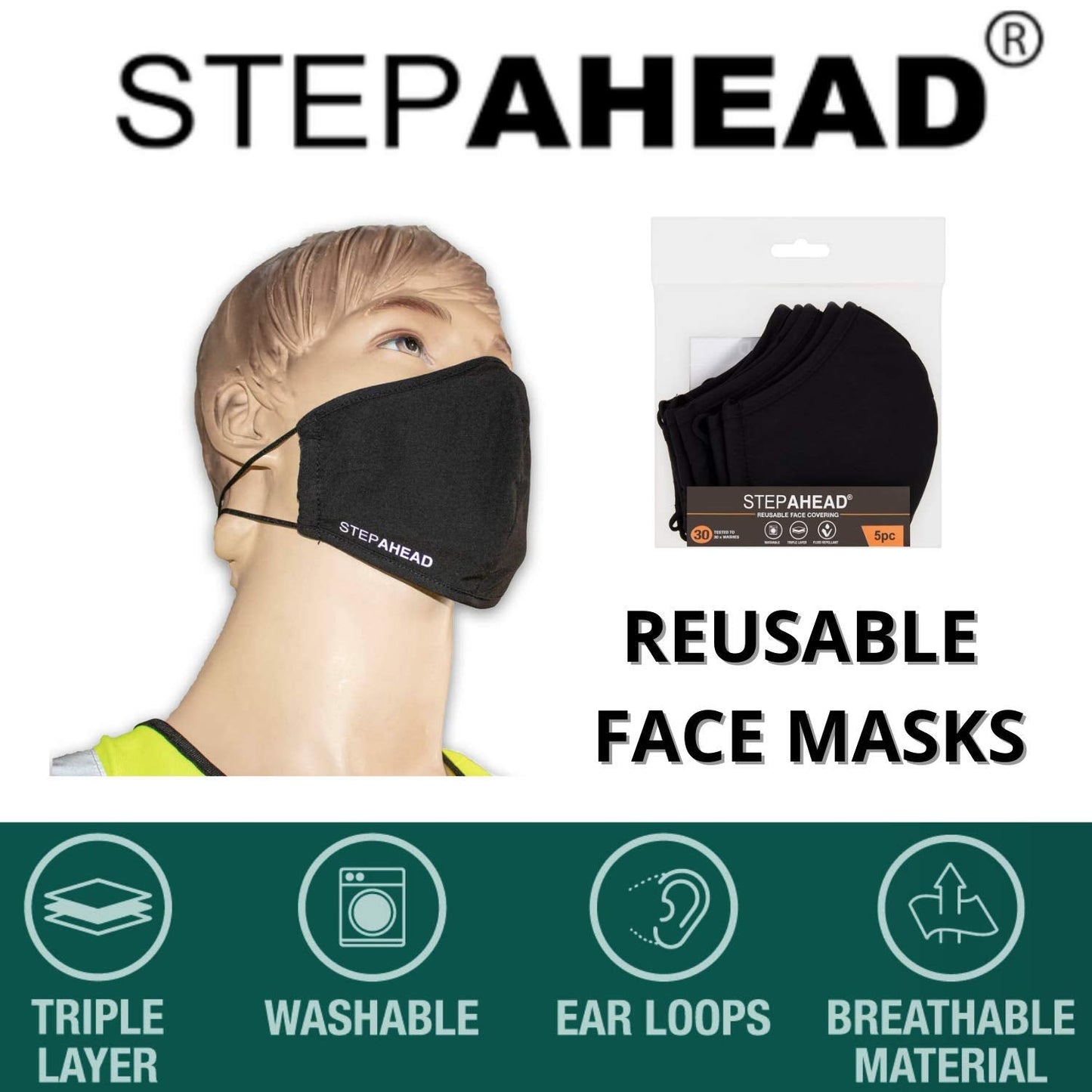 Step Ahead ® | 5 Pack Triple Layer Cotton Black Face Mask (Pack of 5) Unisex Reusable Fashion Washable | Nano Mesh Water Repellent Layer- Protects from Dust, Pollution, Droplets
