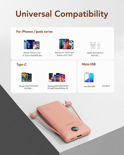 VEGER Portable Charger for iPhone Built in Cables and Wall Plug, 10000mah Slim Fast Charging USB C Power Bank, Travel Essential Battery Pack Compatible with iPhones, iPad, Samsung More Devices(Pink)