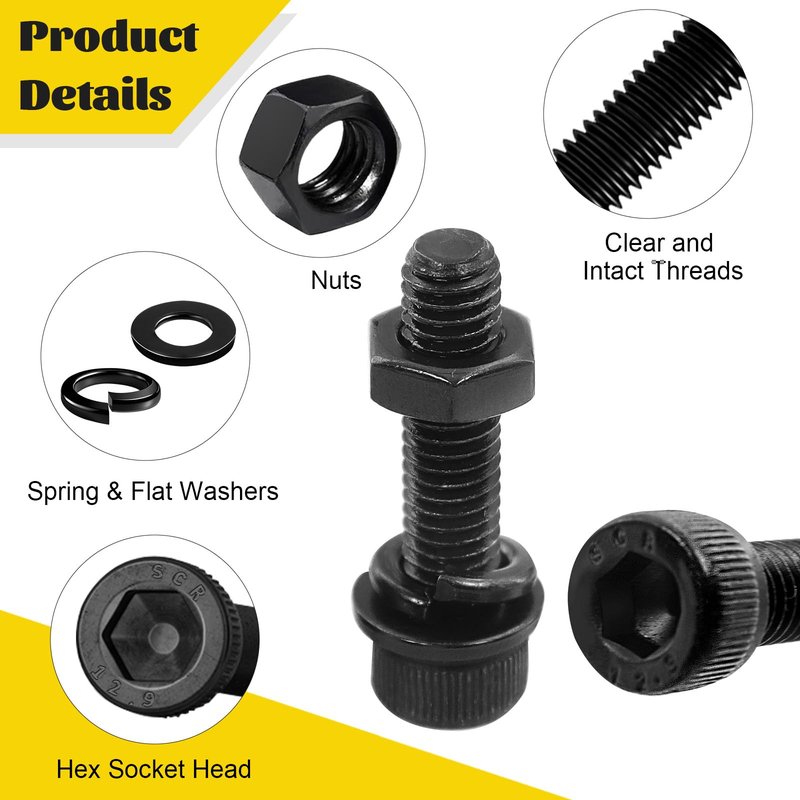 Fgruh 174PCS M6 Screws with Nuts Assortment Kit - M6x8/10/12/16/20/25/30/35 mm Hex Socket Head Cap Bolts with Nuts & Washers Assorted Set - 12.9 Alloy Steel Black Zinc Plated Anti-Rust Hardware Set