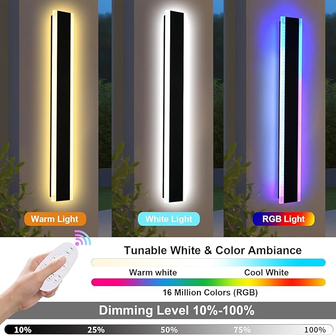 2 Pack Outdoor Led Wall Light, 48 inch Modern RGB Outdoor Wall Lights for Patio, Dimmable Exterior Long Linear Lighting, Wall Mounted Light Fixtures for Porch, Garage, Front Door