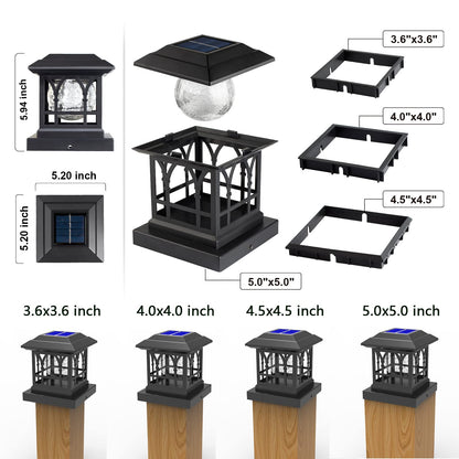 AEFRELEOHT Solar Post Cap Lights, Warm White & RGB Automatic Cycling, Cracked Glass Bulb, 20 Lumens lP65 Waterproof Fit 3.6x3.6 4x4 4.5x4.5 5x5 Wood Fence Post Solar Powered Lights Black (2 Pack)
