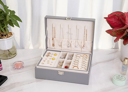Voova Jewellery Box Organiser for Women Girls, 2 Layers Large Jewelry Storage Case, PU Leather jewlerrying Display Holder with Removable Tray for Necklace Earrings Rings Bracelets, Grey