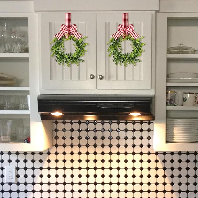 WILLBOND 4 Pcs Christmas Kitchen Cabinet Wreath Boxwood Garland with Ribbon Greenery Garland Hanging Wreaths for Cabinet Wall Window Door Fireplace Party Farmhouse Decor(Red and White,Fabric)