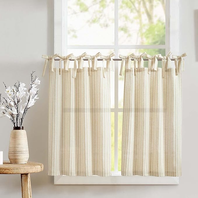 jinchan Tie Top Linen Kitchen Curtains 36 Inches Striped Tier Curtains Farmhouse Modern Cafe Style Small Window Treatments Airy Light Filtering Rod Pocket for Living Room Bathroom 2 Panels Beige