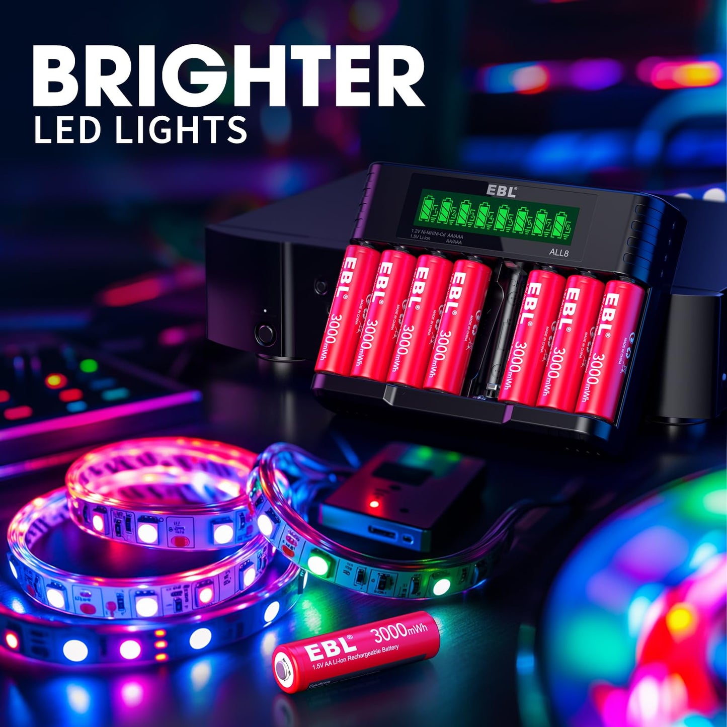 EBL 8 Pack Rechargeable Lithium AA Batteries, 1.5V 3000mWh Double a Batteries Long Lasting AA Li-ion Battery (8AA with Charger)