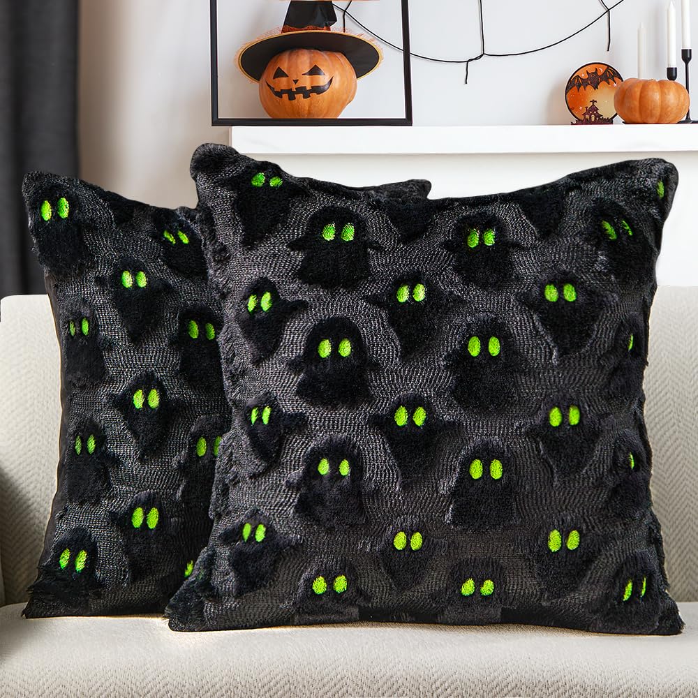 DFXSZ Halloween Pillow Covers 18x18 inch Set of 2 Black Ghost Throw Pillow Cases Soft Plush Faux Fur Wool Couch Cushion Case for Chair Sofa Bedroom Living Room Home Decor PTK03F18