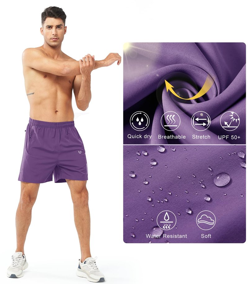 NORTHYARD Men's Athletic Running Shorts Gym Workout 7"/9"/5" Quick Dry Lightweight Sports Basketball Tennis 3 Zipper Pockets PURPLE-5inch L