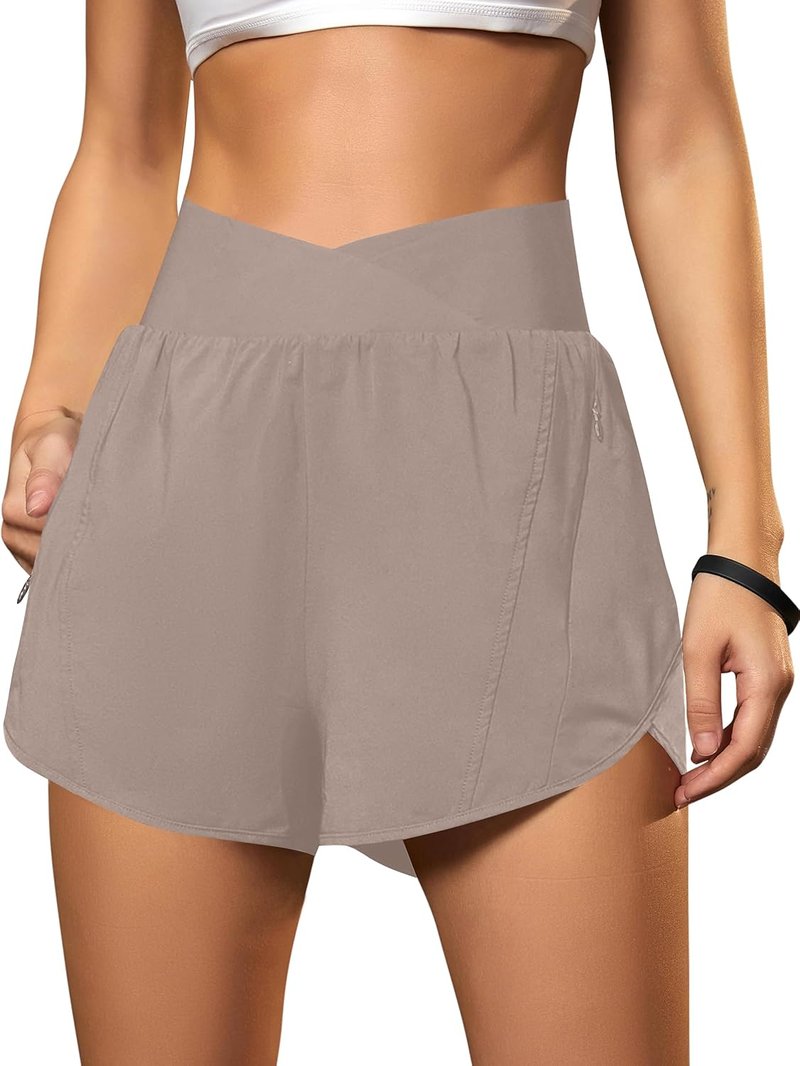 Women's High Waisted Workout Shorts - Crossover Athletic Running Shorts with Zipper Pockets | Comfortable Fit