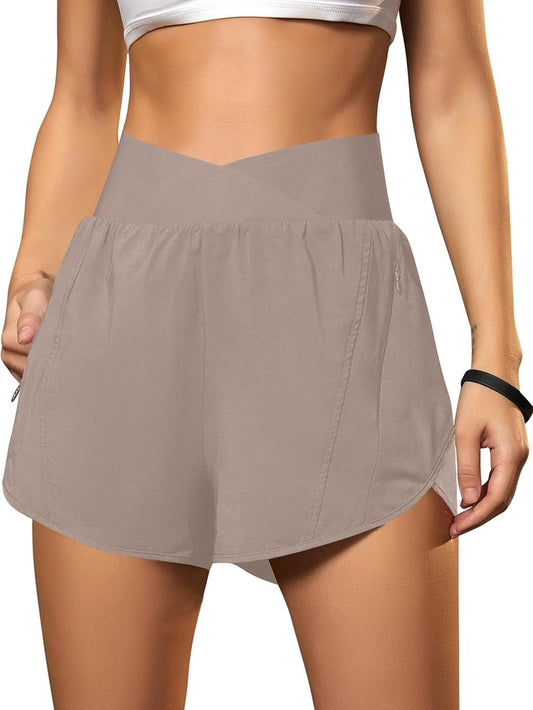 Women's High Waisted Workout Shorts - Crossover Athletic Running Shorts with Zipper Pockets | Comfortable Fit