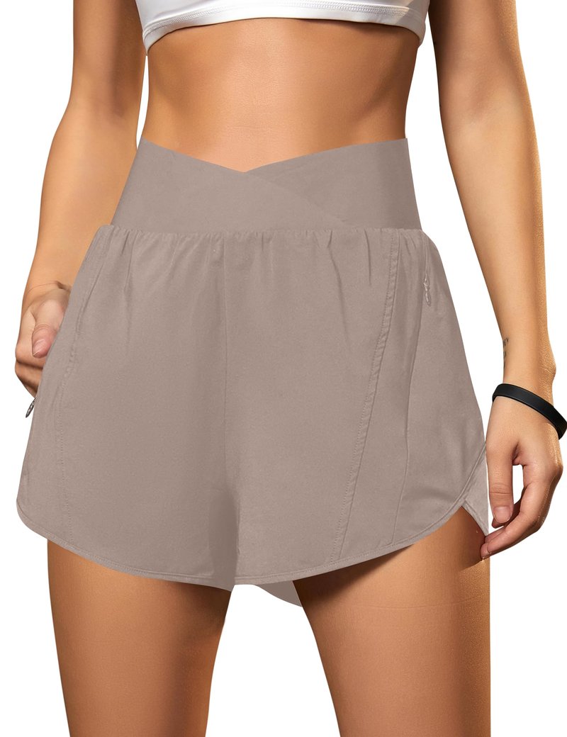 Blooming Jelly Women's Workout Shorts Athletic Running Casual Summer Quick Dry Gym Active Shorts with Zipper Pocket (Khaki,Large)
