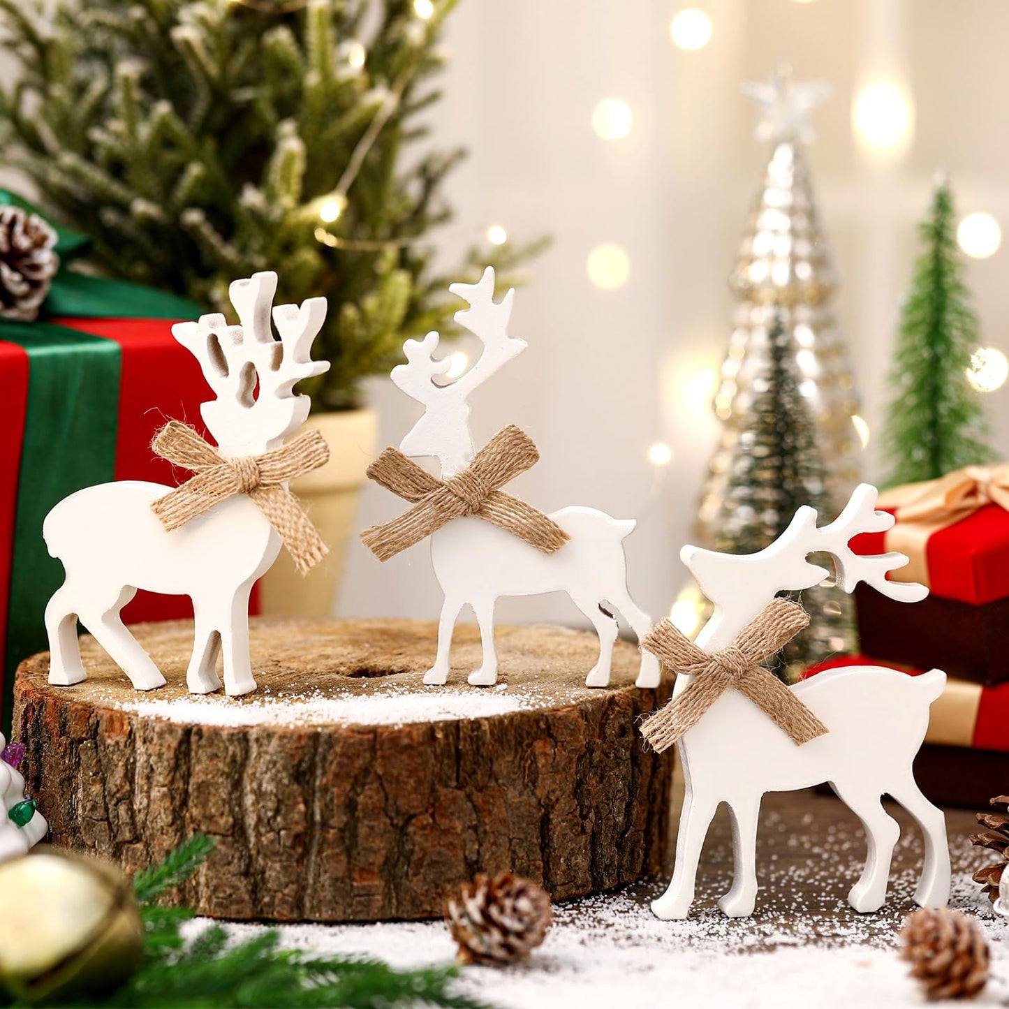 Redbaker 3 Pcs Reindeer Christmas Decorations Indoor Wooden Reindeer Cutouts Christmas Tiered Tray Decor White Rustic Block Sign for Xmas Winter Centerpieces Home Office Table Shelf Desk Mantel Decor